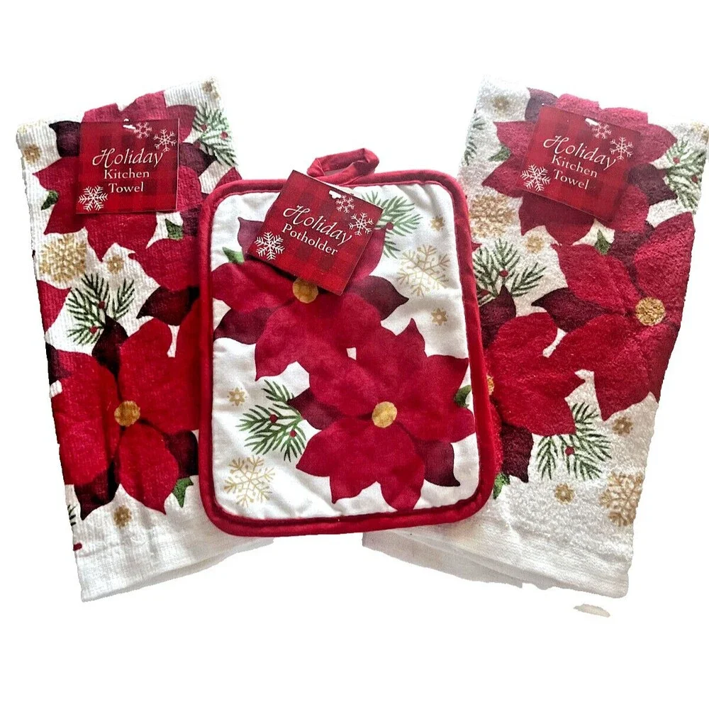 Christmas Dish Towel Kitchen Potholder Red Poinsettia Winter Holiday Set Of 3